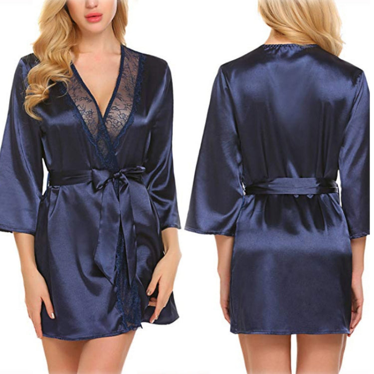 Blue satin nightgown with lace V neckline, tie belt, three-quarter sleeves (front)