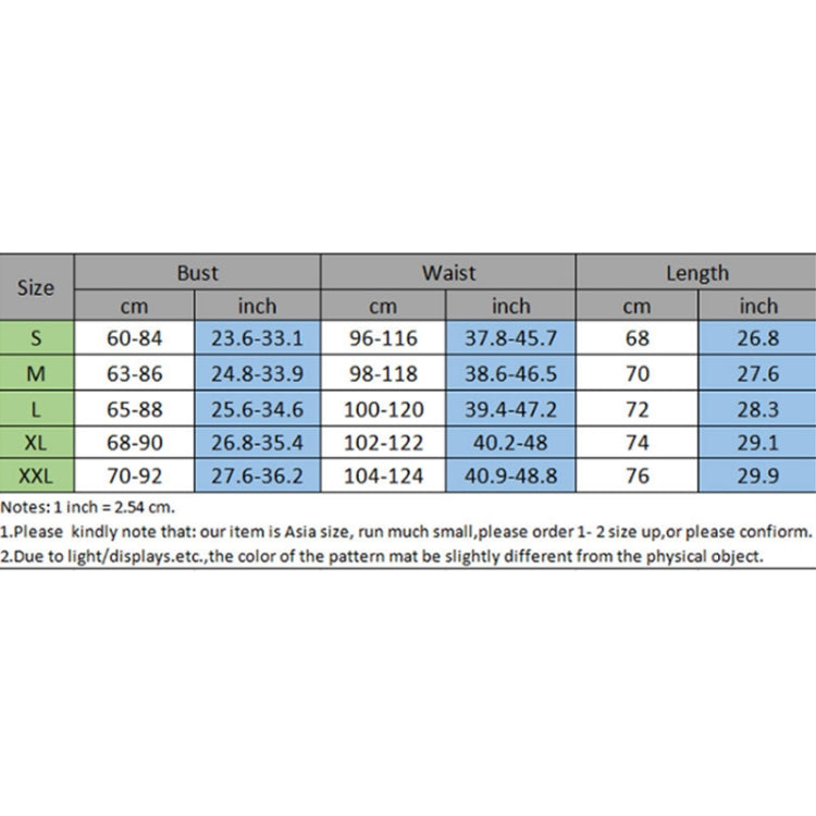 Nightgown size chart table: bust, waist, and length for S–XXL
