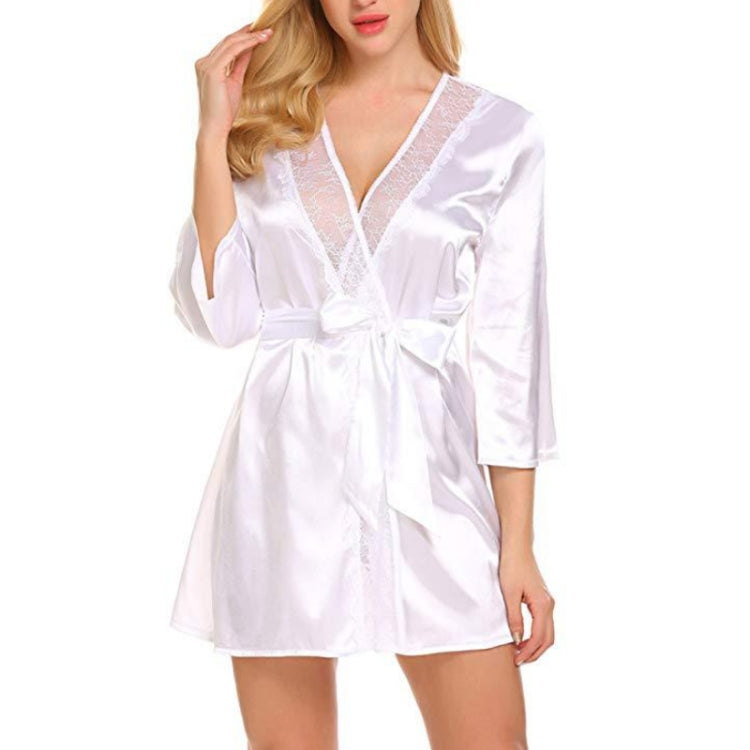White lace-trim satin nightgown with V-neck, tied belt at waist, 3/4 sleeves