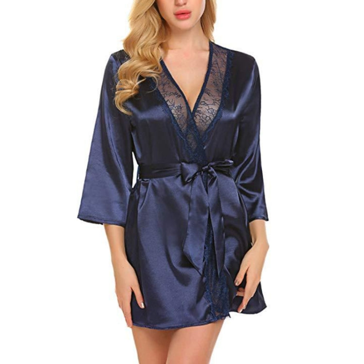 Blue satin nightgown with lace neckline panel and tied waist, 3/4 sleeves