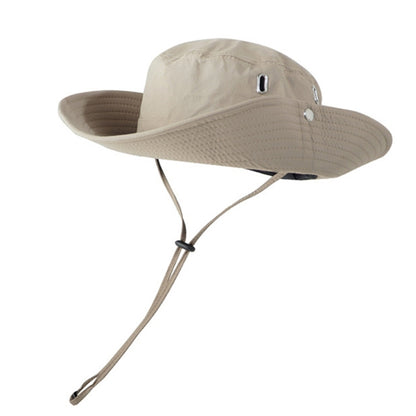 Khaki breathable drawstring fisherman hat with wide brim and eyelet detail