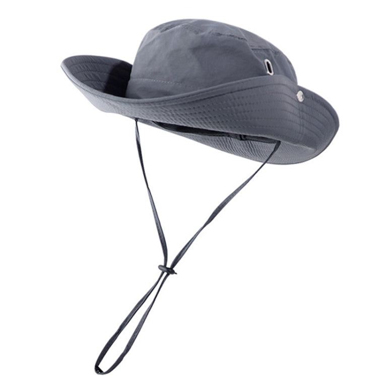 Slate blue breathable drawstring fisherman hat with wide brim and chin cord loops