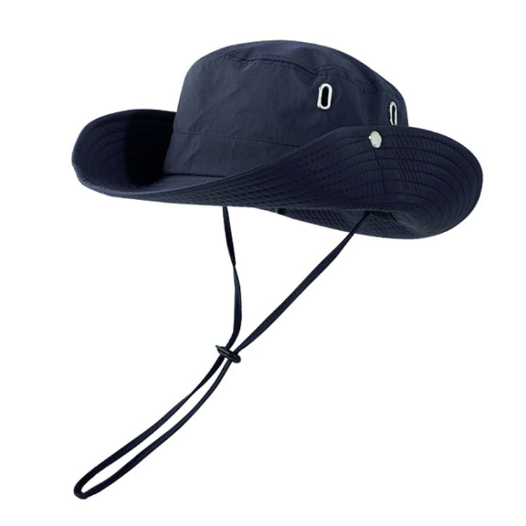 Navy breathable drawstring fisherman hat with wide brim and adjustable chin cords