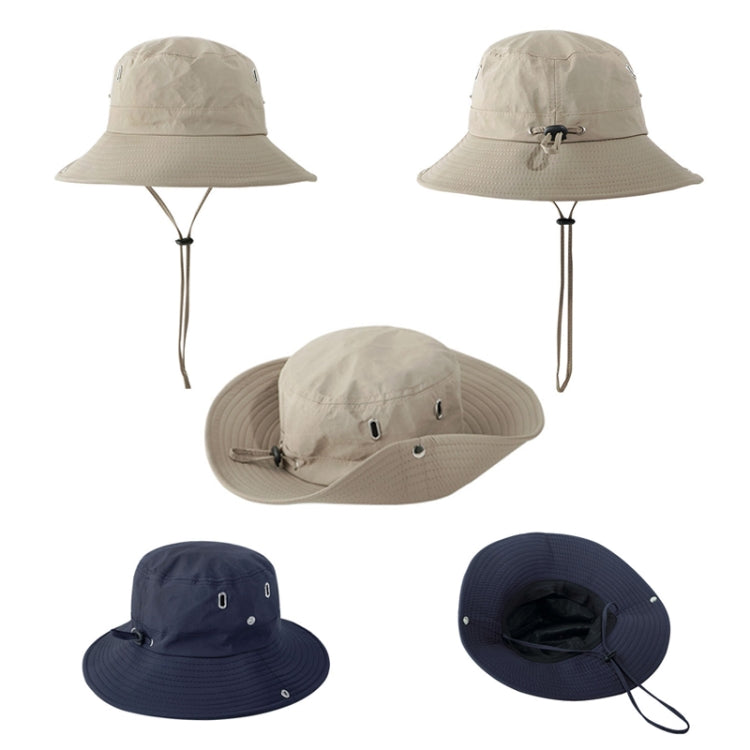 Set of breathable drawstring fisherman hats in light beige, navy, and dark tones