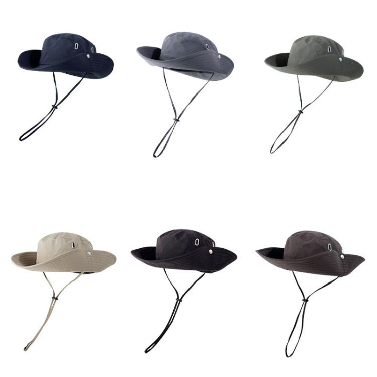 Assorted breathable drawstring fisherman hats in blue, beige, olive, and brown