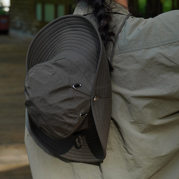 Dark gray breathable fisherman sun hat with drawstring chin and metal toggles