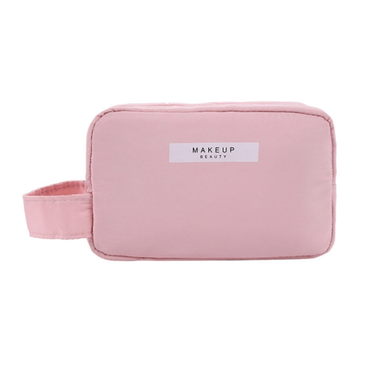 Pink zippered cosmetic storage bag with side handle, large rectangular pouch