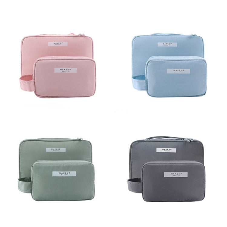 Pastel cosmetic storage bag set in pink, blue, sage, and charcoal, each zippered
