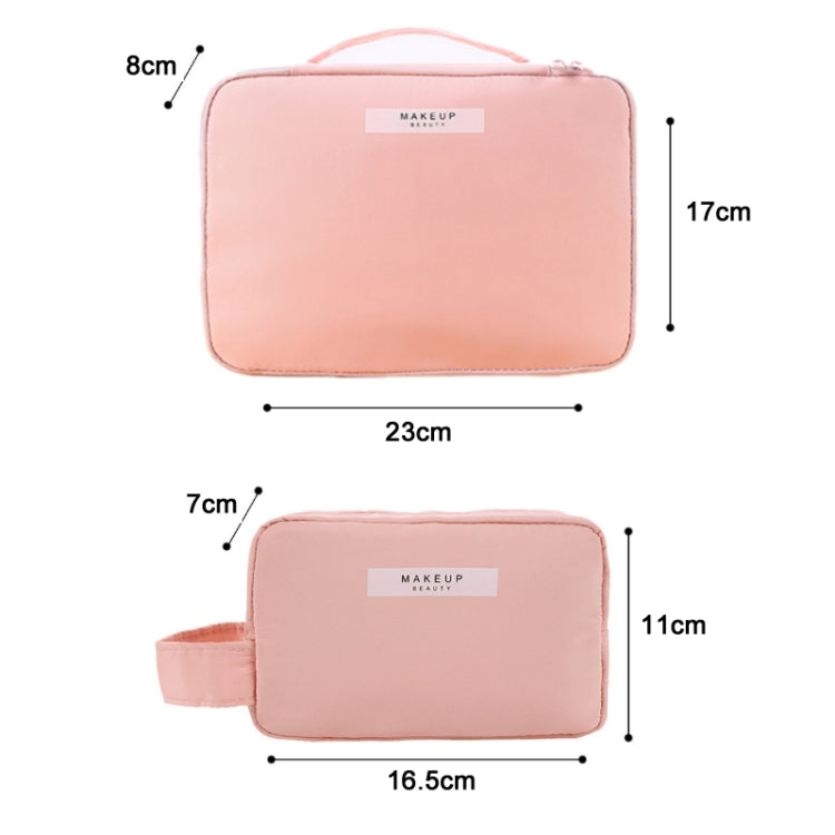 Pink cosmetic pouch with zipper and carry handle, rectangular profile