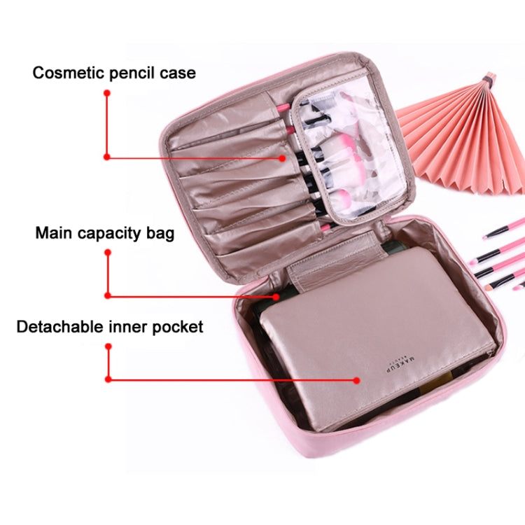 Open cosmetic bag with detachable inner pocket and multiple brush/pencil compartments
