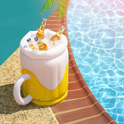 Inflatable PVC beer-themed ice bucket, white top and yellow base with side handles