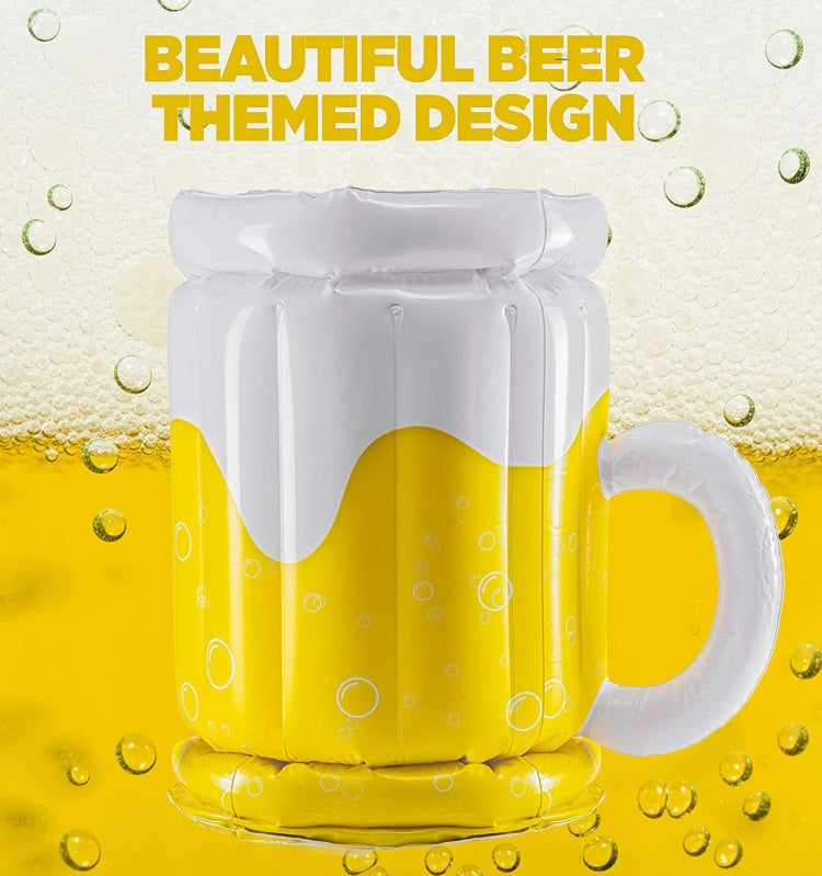 Inflatable PVC beer-themed ice bucket with white and yellow foam-style design and handle