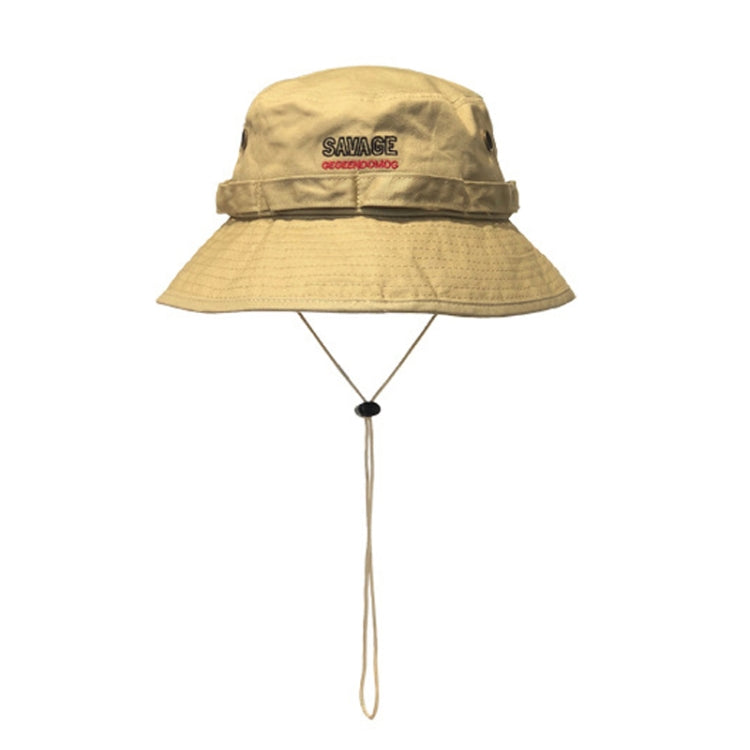 Khaki big-brim bucket hat with side buttons and chin drawstring