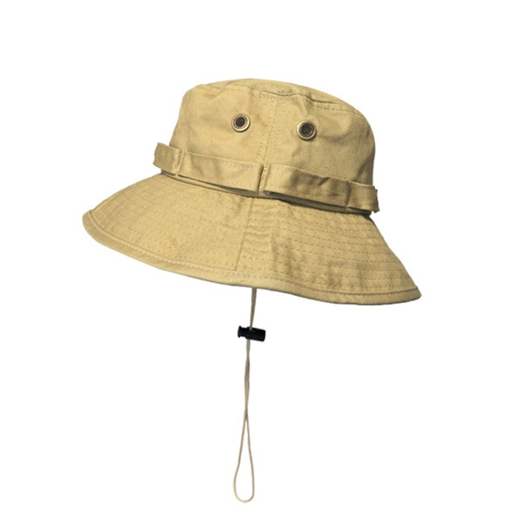 Khaki bucket hat with eyelets on crown and chin drawstring