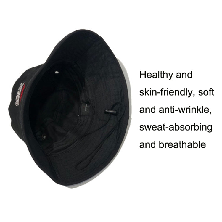 Black bucket hat shown from inside with wide brim and drawstring cord