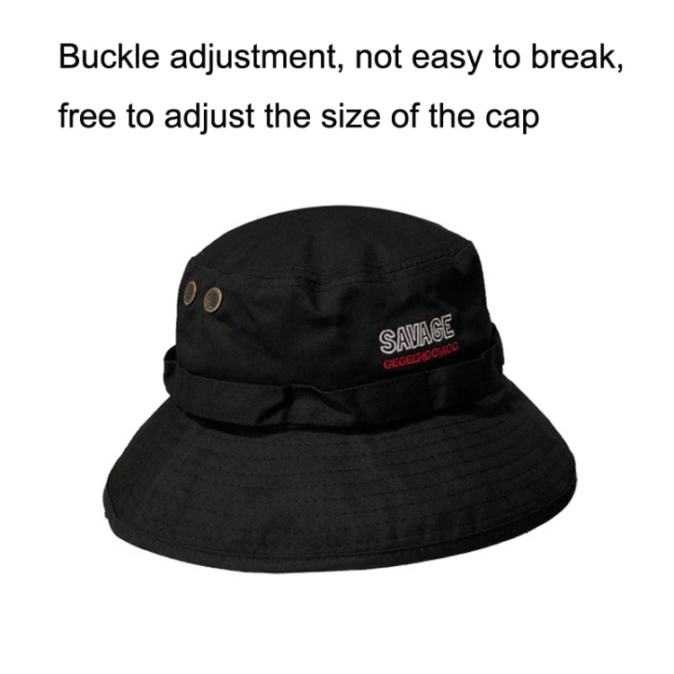 Black bucket hat with stitched band and chin drawstring, adjustable buckle