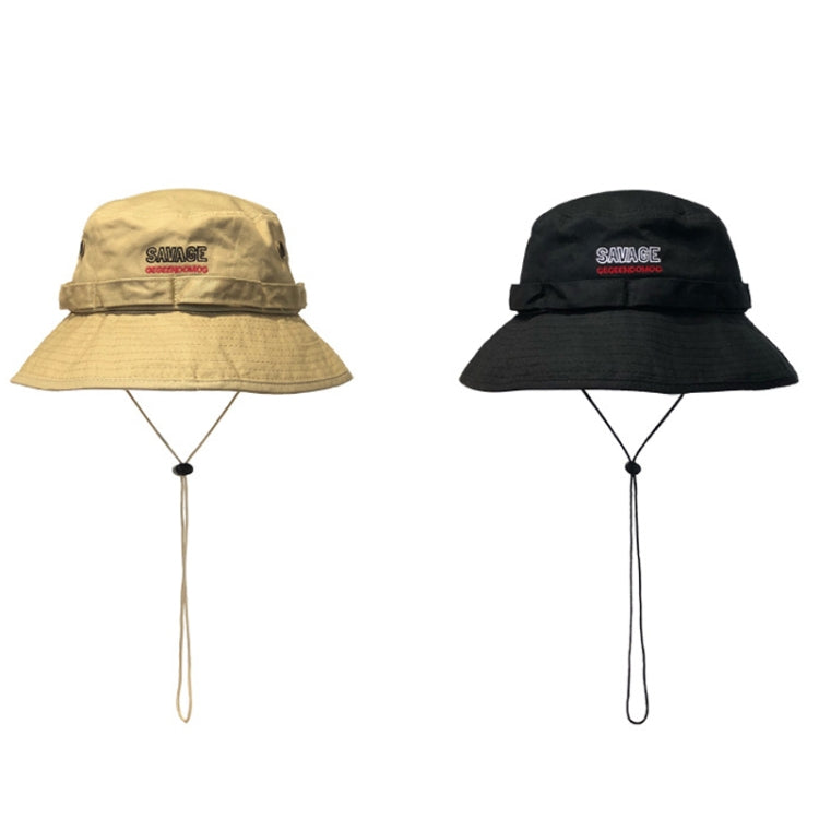 Two-tone set of khaki and black big-brim bucket hats with chin drawstrings