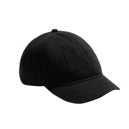 Black baseball cap with short curved brim and top button eyelets