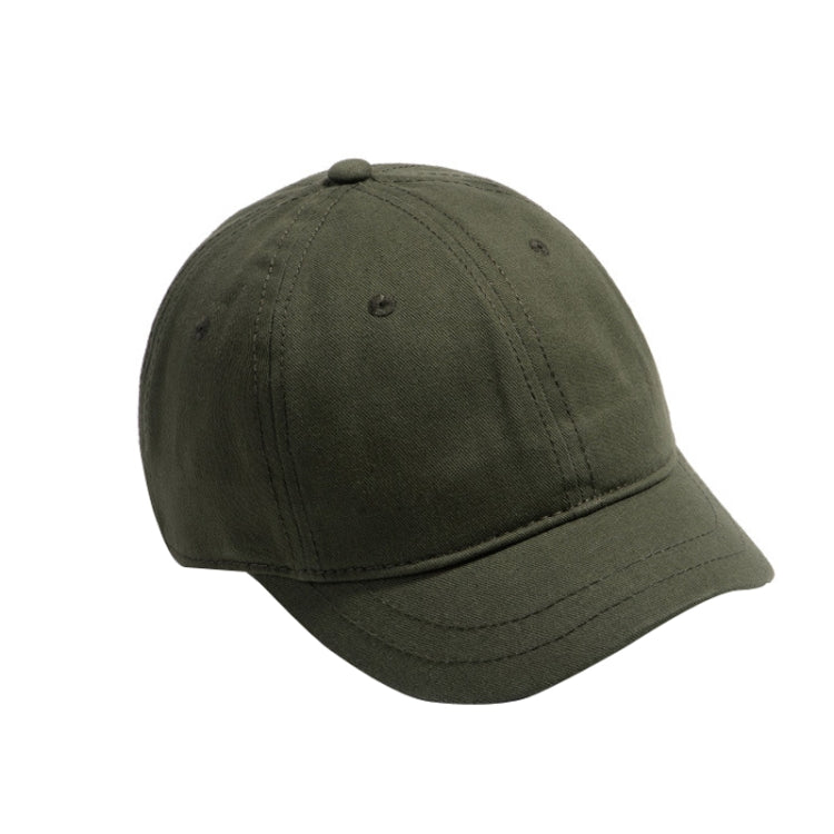 Army green baseball cap with short curved brim and top button eyelets