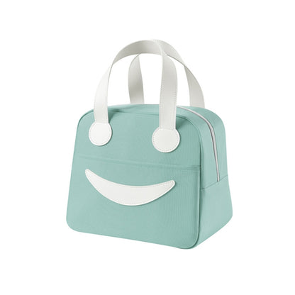 Smile lunch bag with leather handles, mint green fabric and smile applique