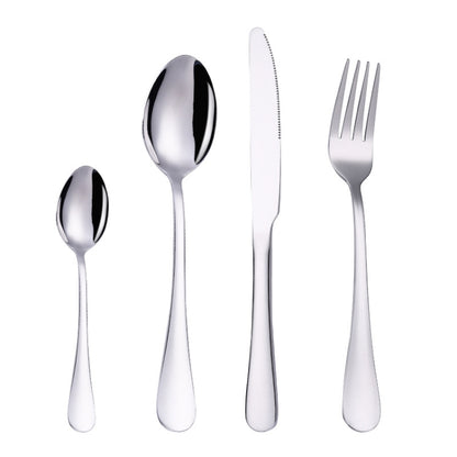 Stainless steel steak cutlery set in silver finish: spoon, fork, and knife
