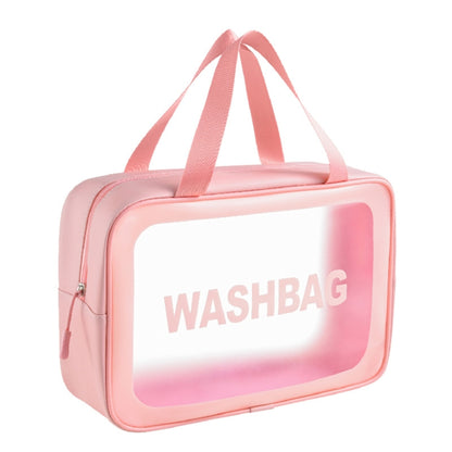 Pink PVC transparent waterproof cosmetic bag with zip top and carry handles