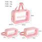 Pink transparent PVC waterproof cosmetic bag with zip-top, clear front, and carry handle