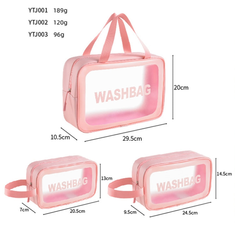 Pink transparent PVC waterproof cosmetic bag with zip-top, clear front, and carry handle