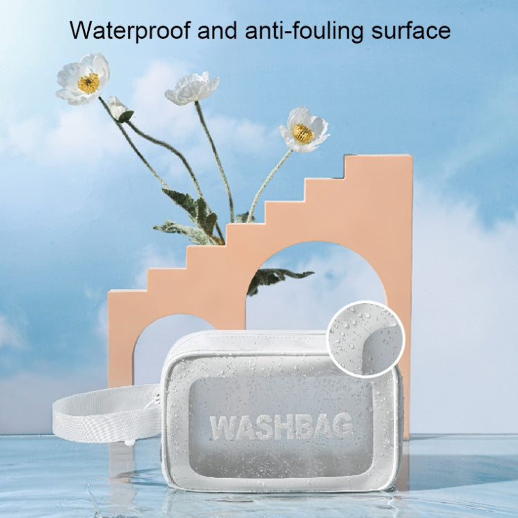 Gray transparent PVC waterproof cosmetic bag with zip-top and wide wrist strap