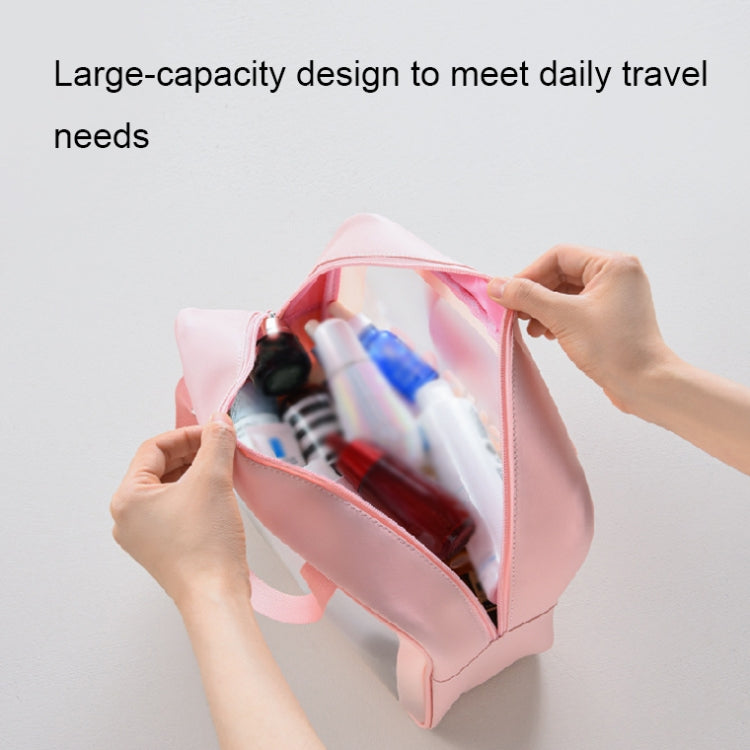 Pink transparent PVC cosmetic bag, zip-open top with clear interior for toiletries