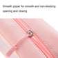 Pink PVC cosmetic bag close-up of smooth zip and stitched edge