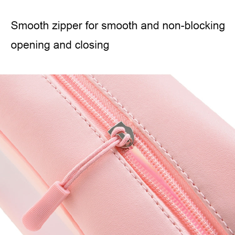 Pink PVC cosmetic bag close-up of smooth zip and stitched edge