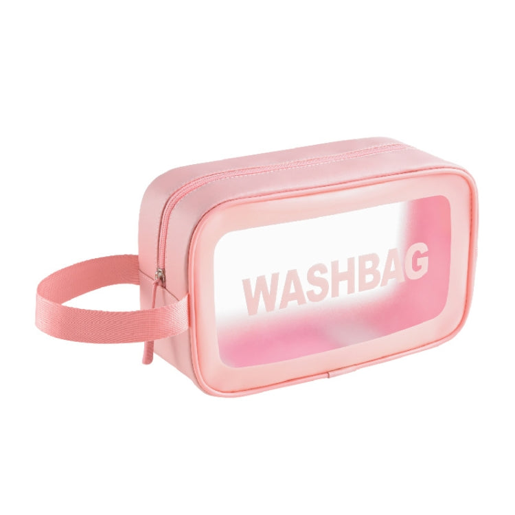 Pink transparent waterproof cosmetic bag with zip closure and shoulder strap