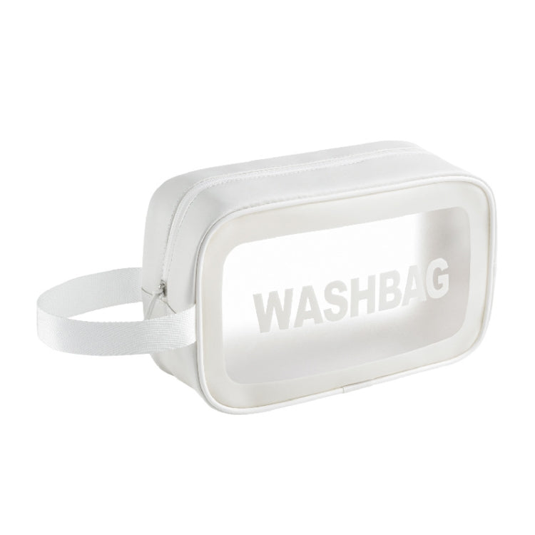 White transparent waterproof cosmetic bag with zip closure and shoulder strap