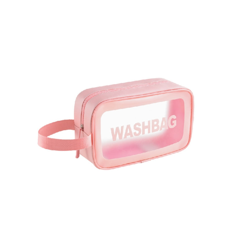 Pink PVC waterproof cosmetic bag with transparent front and zip closure