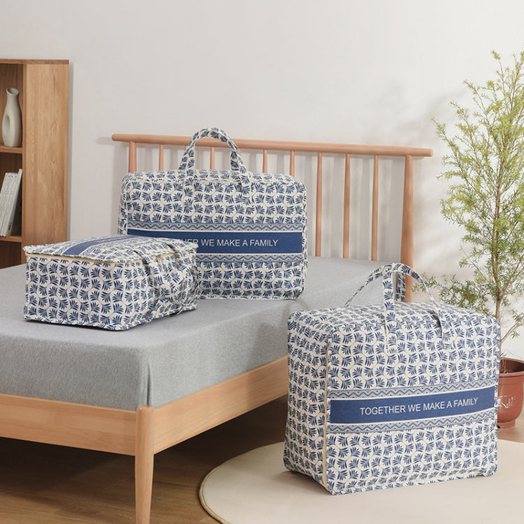 Blue leaf-pattern fabric storage bags with handles, one large and one small
