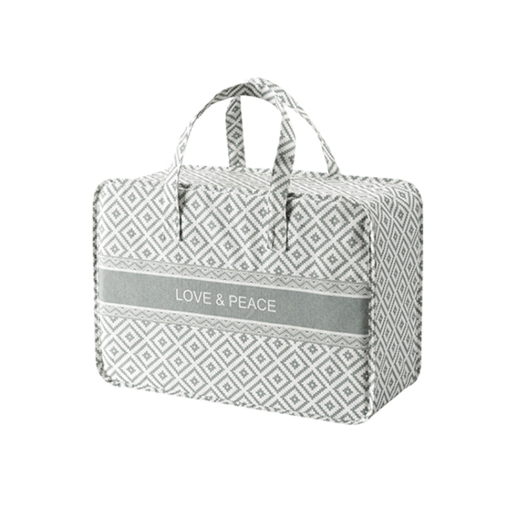Gray geometric-pattern fabric clothes organizer bag with carry handles and “LOVE & PEACE” panel