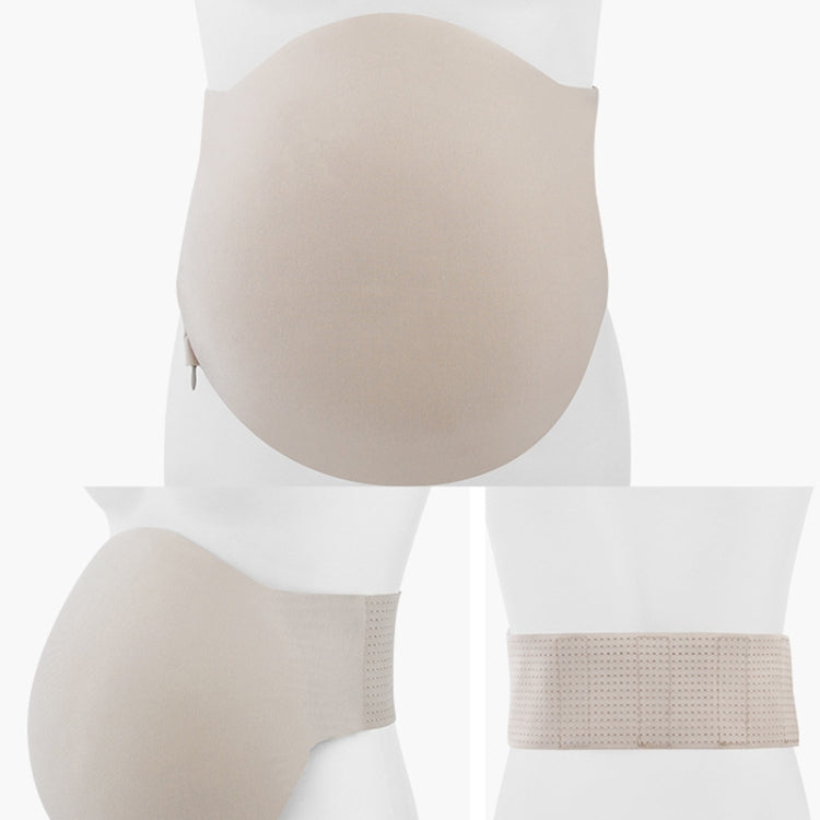 Light beige fake pregnancy belly prop worn on mannequin with wide waist belt, front view