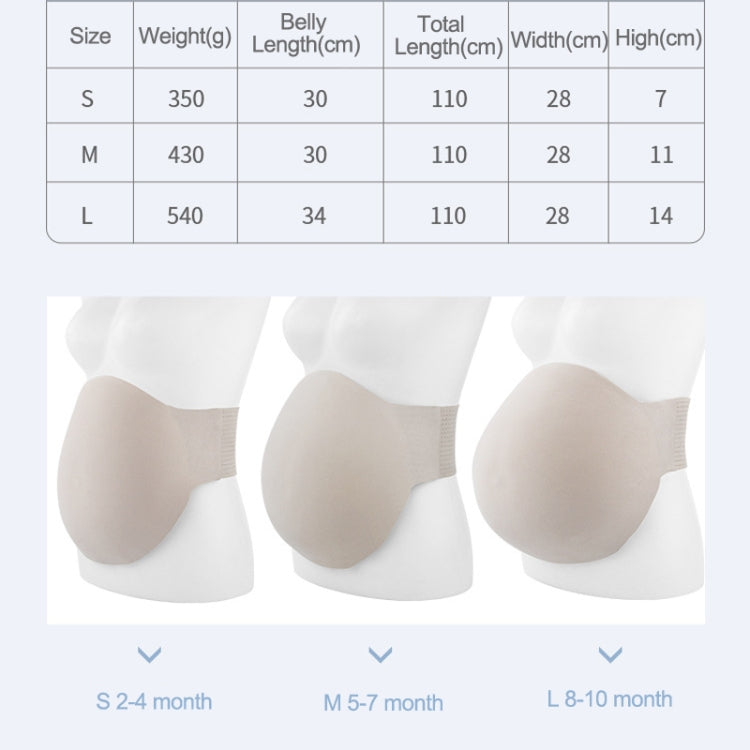 Light beige fake belly foam prop shown in three sizes with wide waist belt