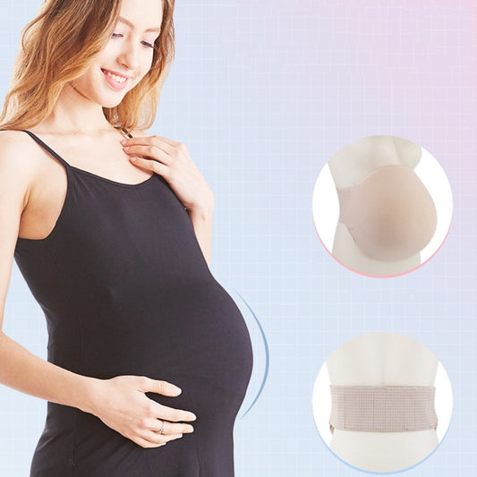 Beige fake pregnancy belly foam worn under a black tank top, side profile