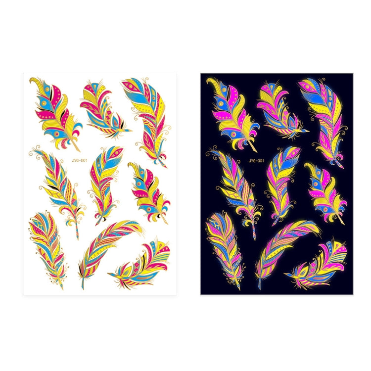 Assorted fluorescent feather tattoo stickers on two sticker sheets, colorful gold accents