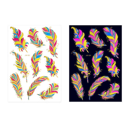 Assorted fluorescent feather tattoo stickers on two sticker sheets, colorful gold accents