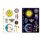 Fluorescent sun face, moon, and hamsa tattoo stickers on two sheets, multicolor
