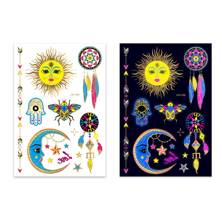 Fluorescent sun face, moon, and hamsa tattoo stickers on two sheets, multicolor