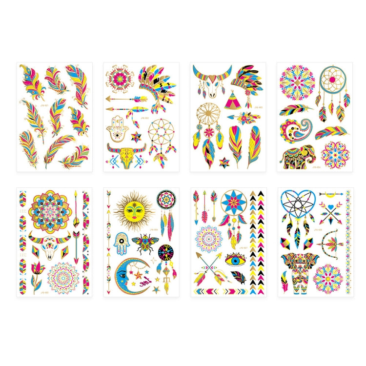 Assorted fluorescent boho tattoo sticker sheets, feathers, mandalas, and dreamcatchers