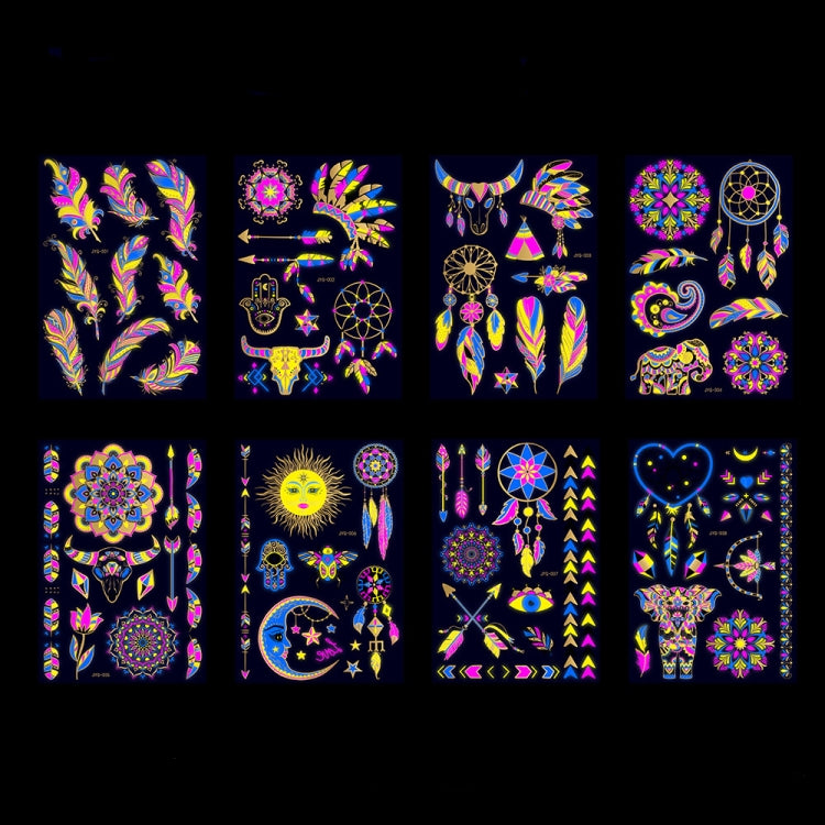 Fluorescent neon tattoo sticker sheet with assorted geometric, feather, and dreamcatcher designs