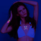 Fluorescent tattoo stickers on skin: neon sun-and-star necklace and matching arm pattern