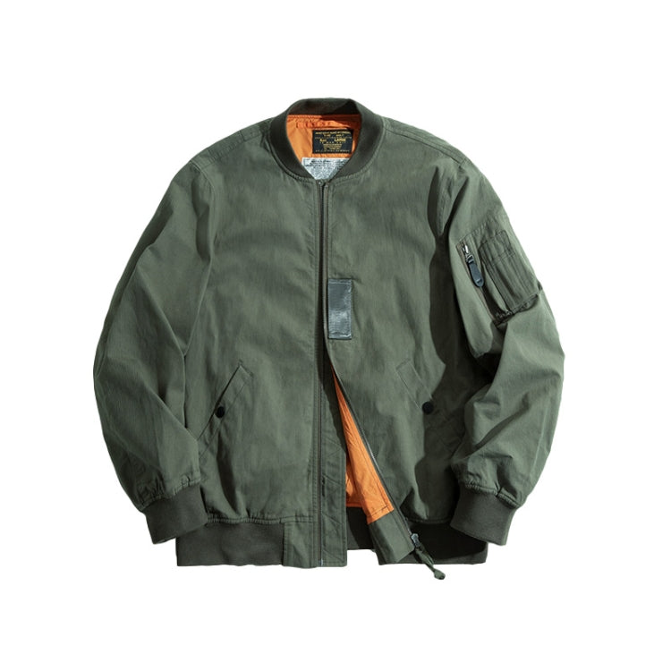 Green bomber jacket on white background, zip front with chest pocket and ribbed cuffs