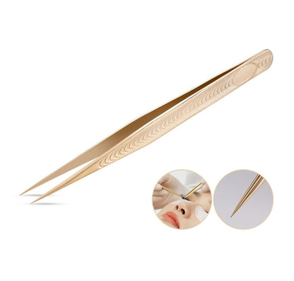 Gold eyelash extension tweezers with pointed tips and etched grip pattern
