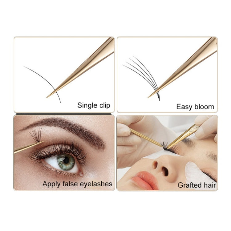 Gold eyelash extension tweezers with tapered tips for applying false lashes